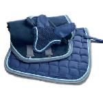 Conjunto mantilla, orejeras y manta azul-gris con cordn 1312