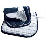Conjunto mantilla, orejeras y manta blanca-azul con cordn 1314