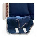 Conjunto mantilla, orejeras y manta azul-champagne con cordn 1306